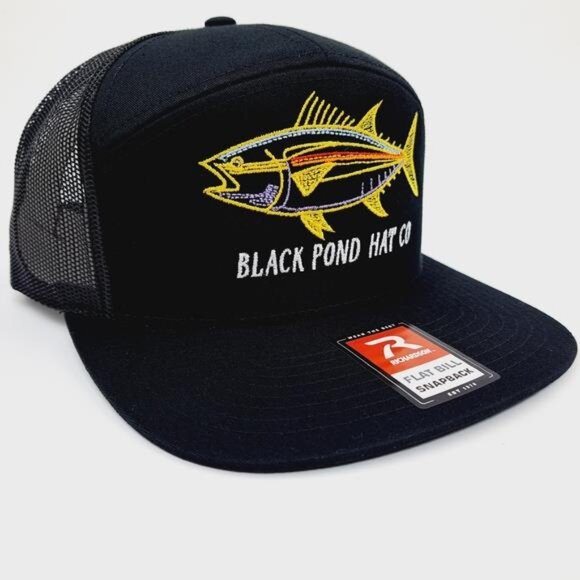 Retro USA Made Fishing Black Pond Co. Richardson 7 Panel Flat Bill Hat Cap Gear main image 4